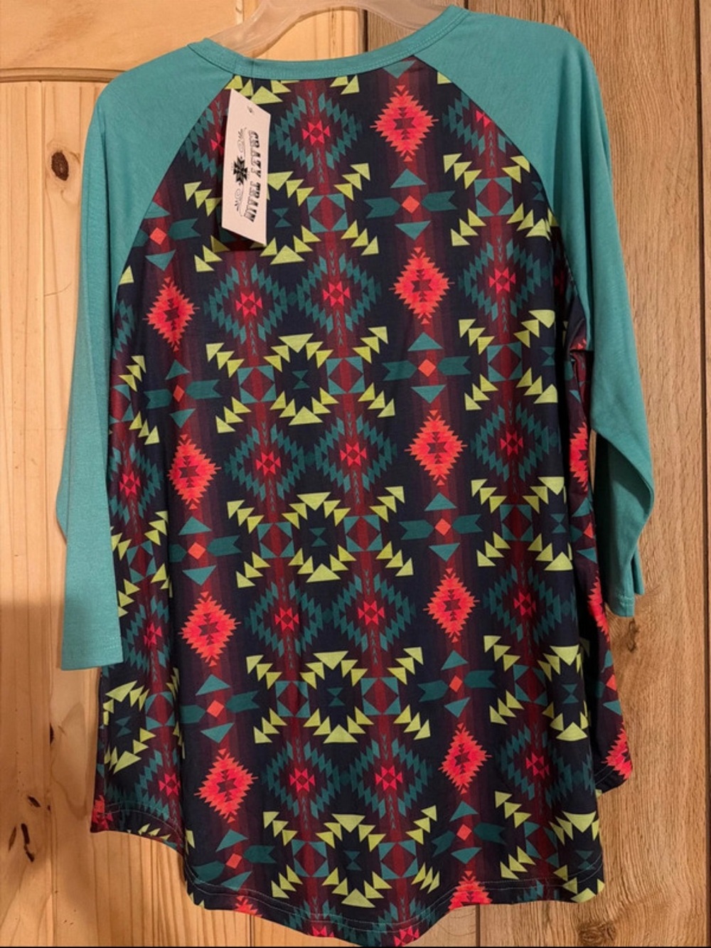 Aztec Print Raglan Sleeve Top - Teal/Navy - Picture 2 of 5